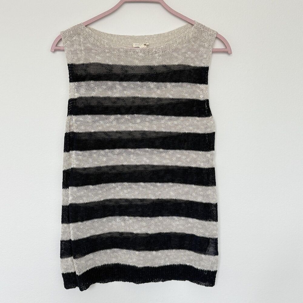 Eileen Fisher Sweater Womens Small Navy Cream Striped Linen Sleeveless Tank